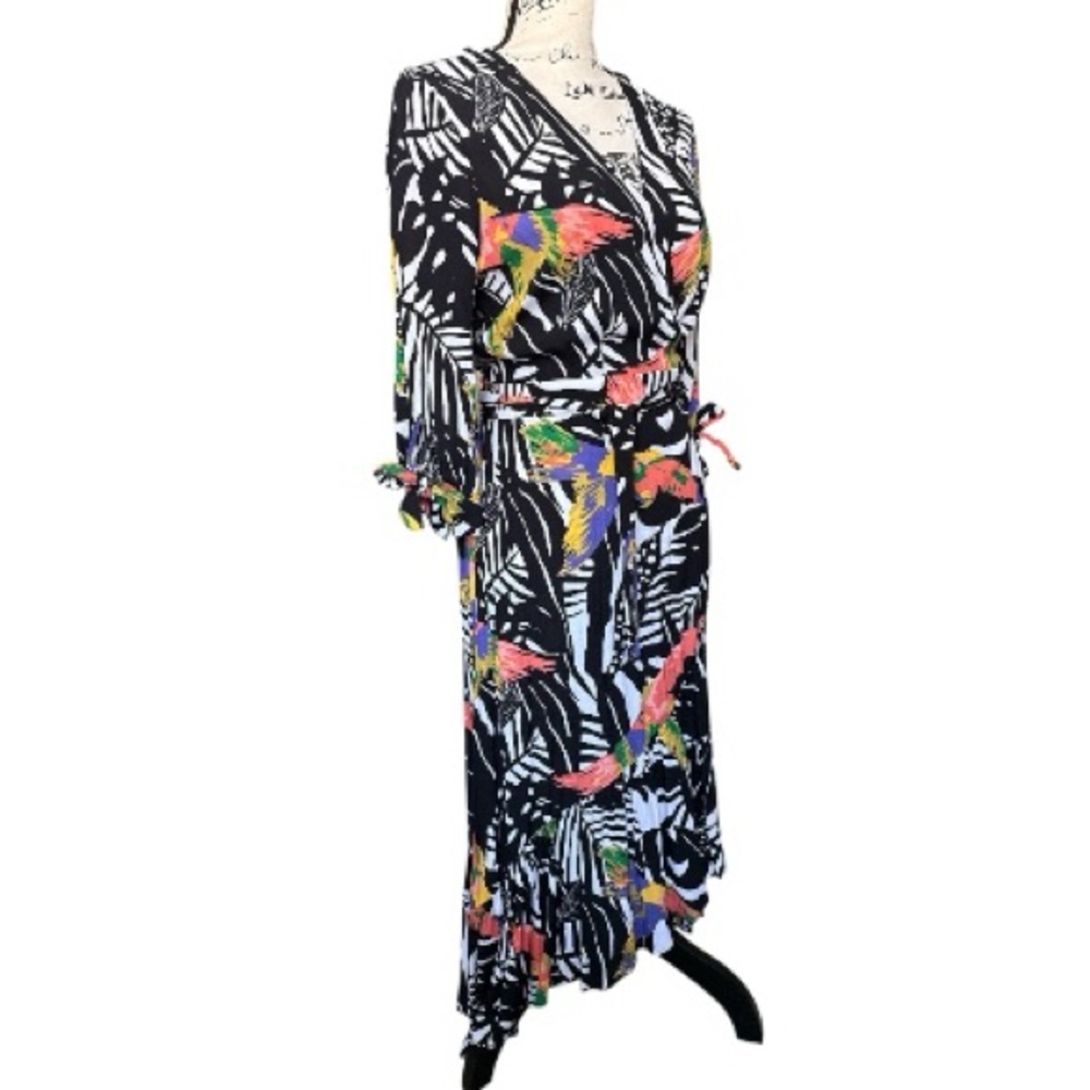 Tropical Bird Wrap Maxi Dress High-Low Belted Boho Sz M